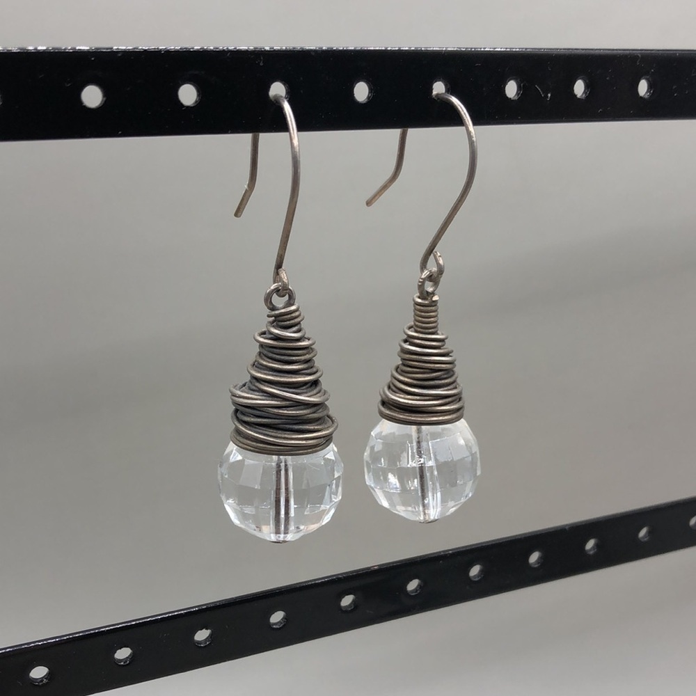 Vintage artisan handcrafted wire and clear lucite dangle drop earrings-rustic
